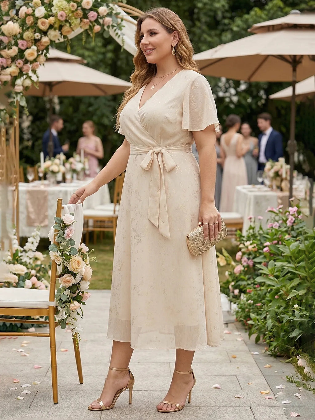 Larui Plus Size Elegant Gold-Stamped Chiffon Guest Dress