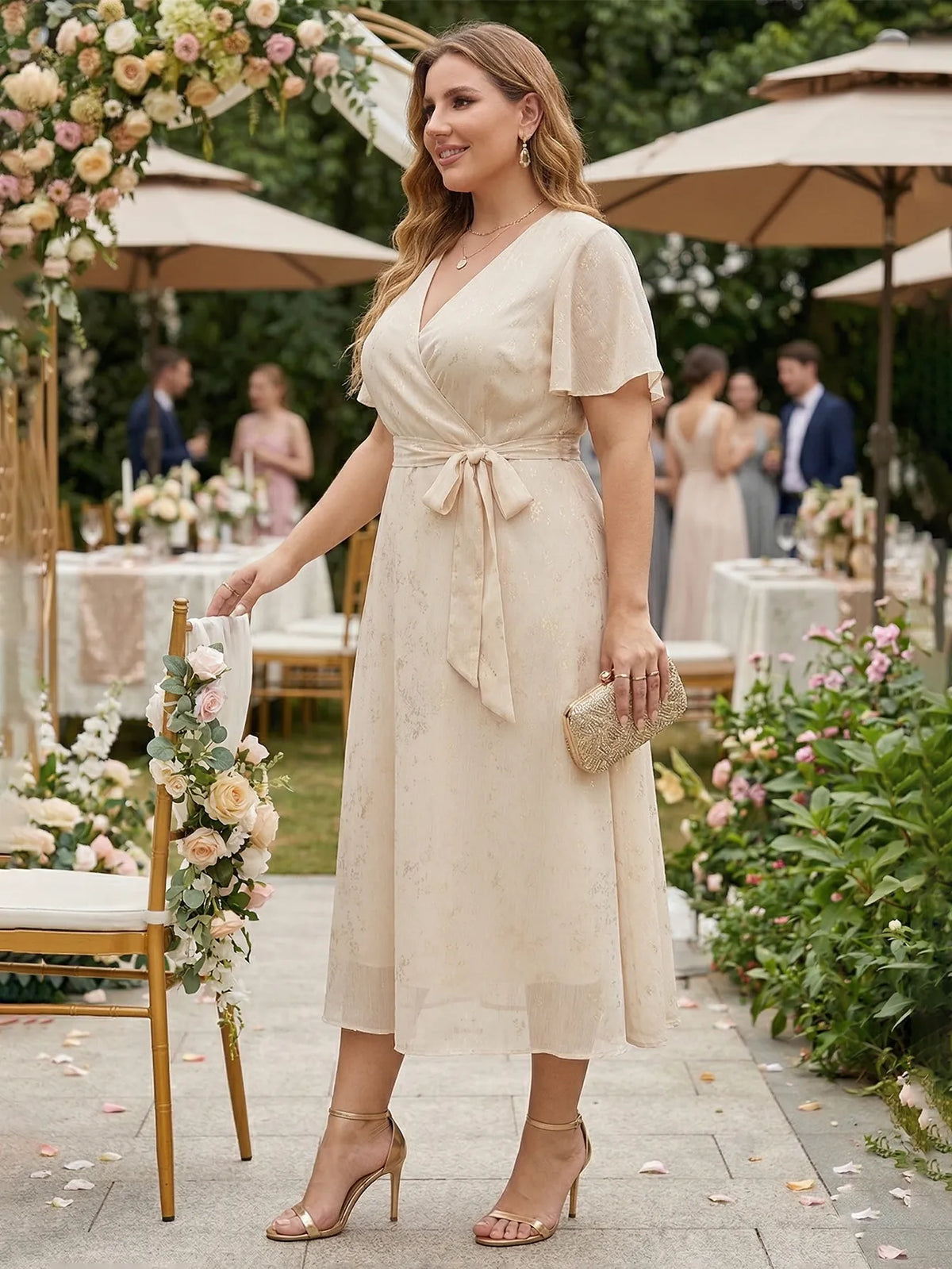 Larui Plus Size Elegant Gold-Stamped Chiffon Guest Dress
