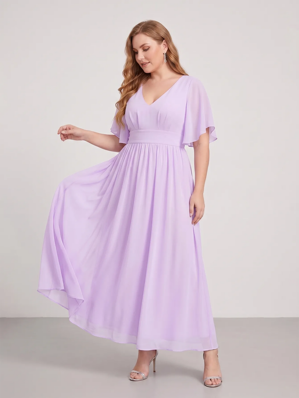 Larui Plus Size Women‘s V-Neck Chiffon Ruffles Sleeves Dress