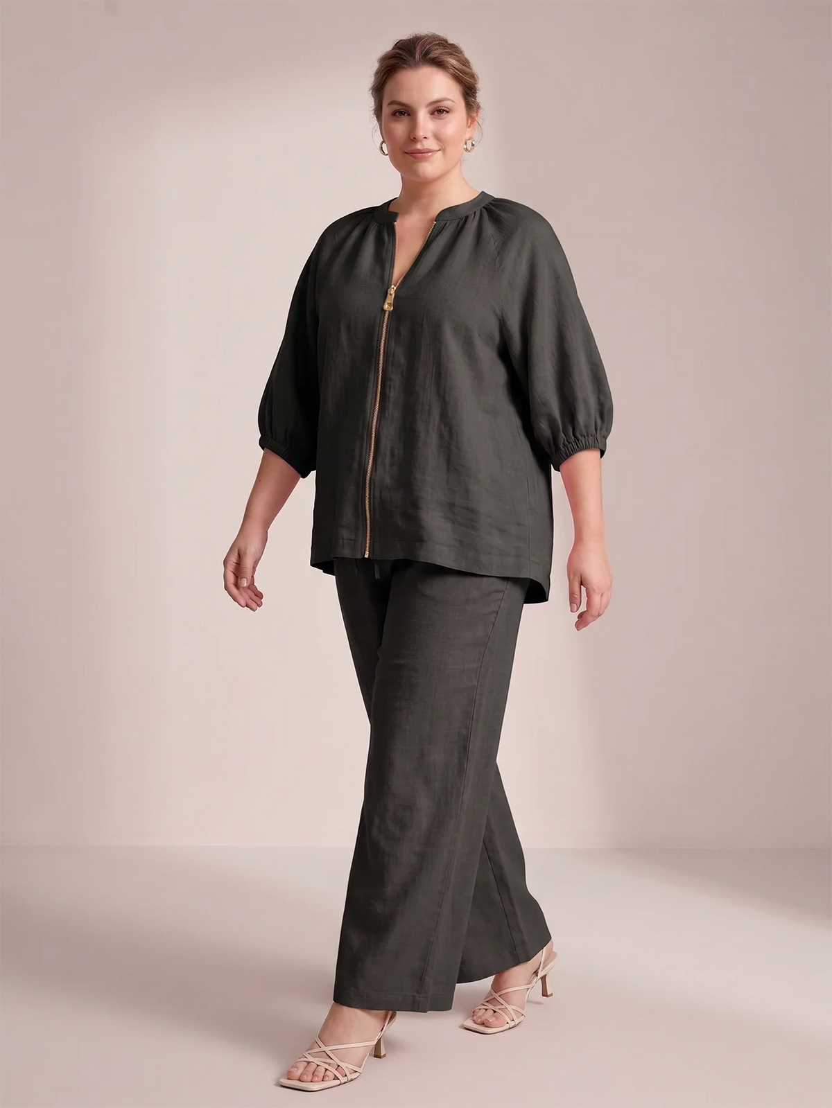 Larui Plus Size Women's Three-Quarter Sleeve Top and Pants Two-Piece Linen Set
