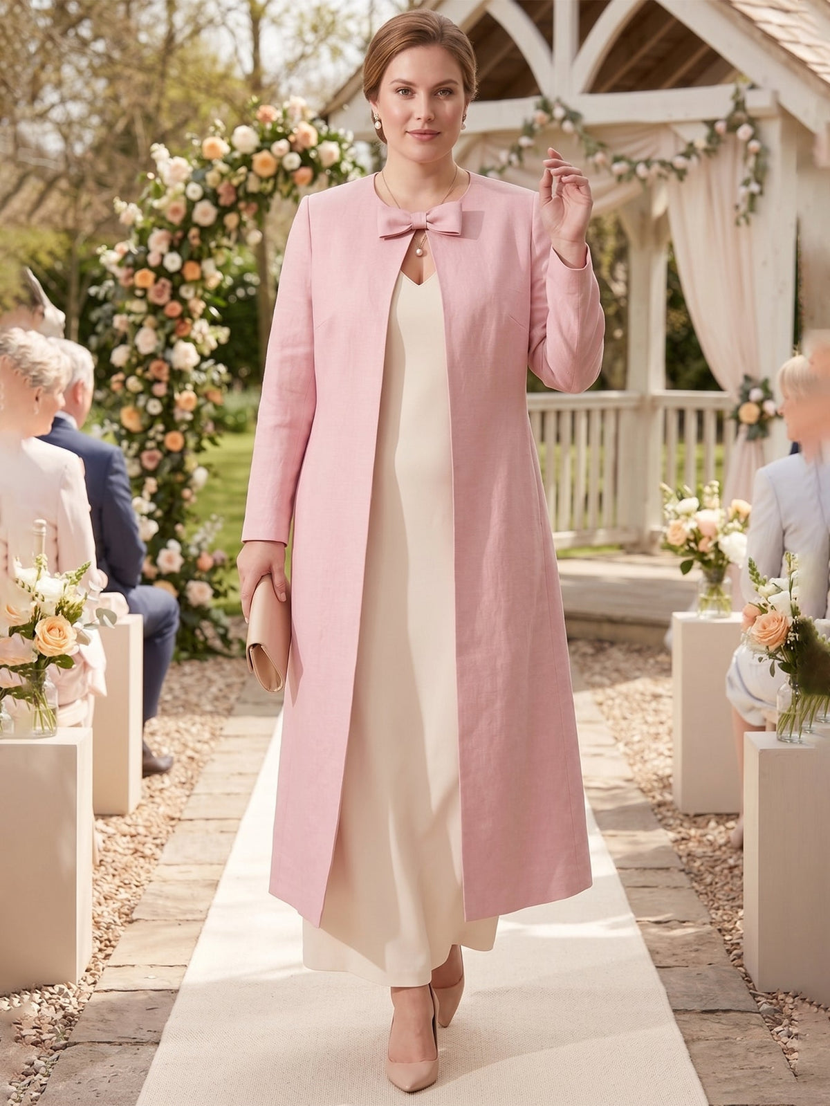 Larui Plus Size Women's Bow-Knot Wedding Long LinenCoat