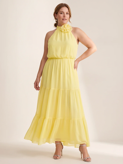 Larui Plus Size Wedding/Vacation A-Line Chiffon Dress With Floral Embellishments