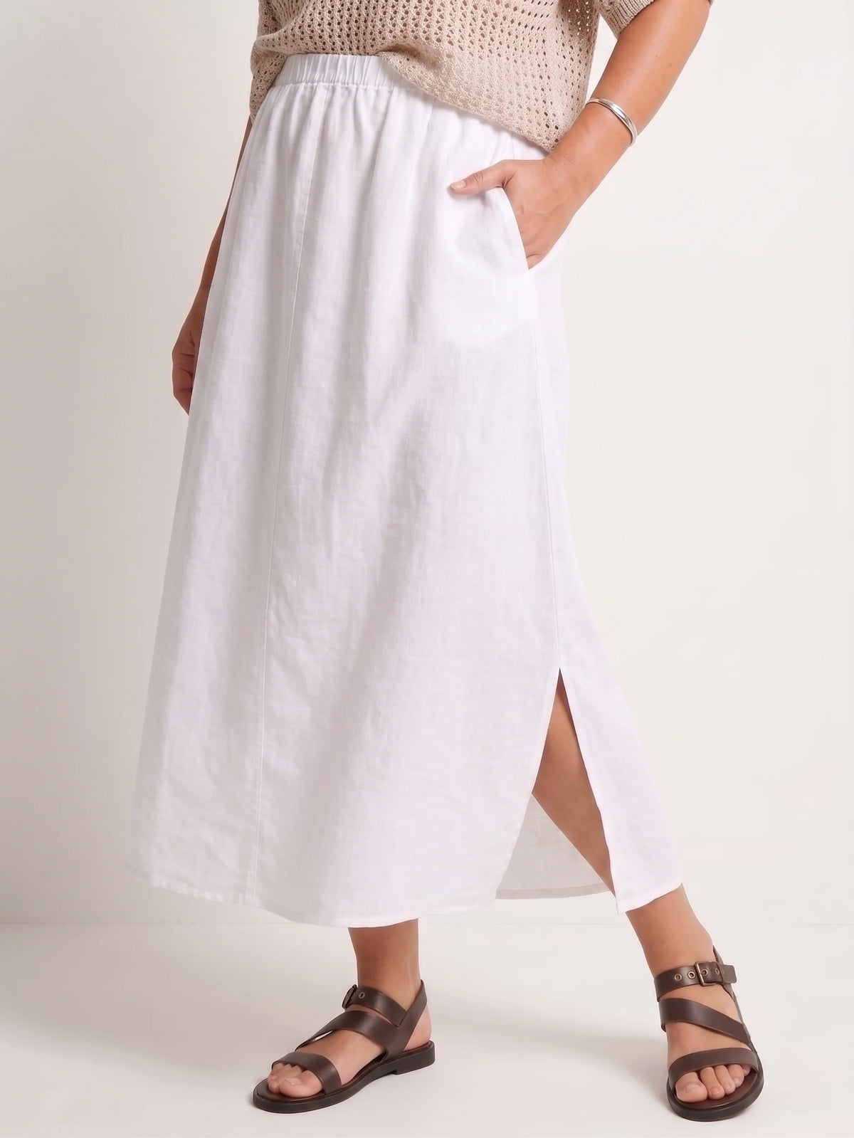 Plus Size Vacation Linen Midi Skirt With Side Slit