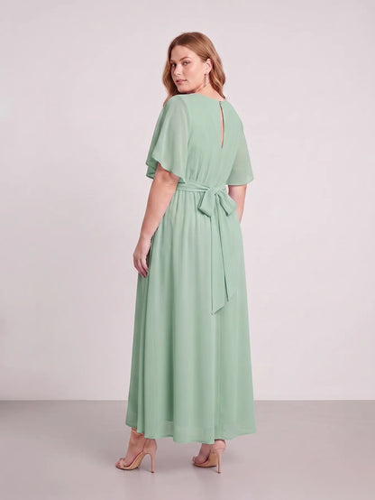 Larui Plus Size Women‘s V-Neck Chiffon Ruffles Sleeves Dress