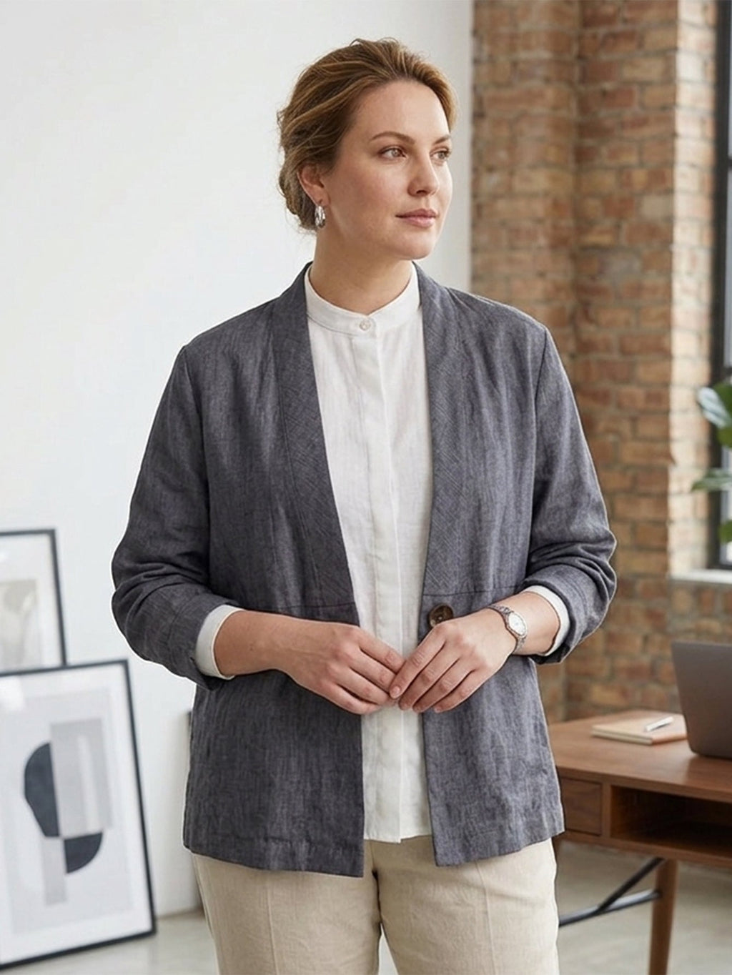 Larui Plus Size Women's Linen Casual Linen Jacket