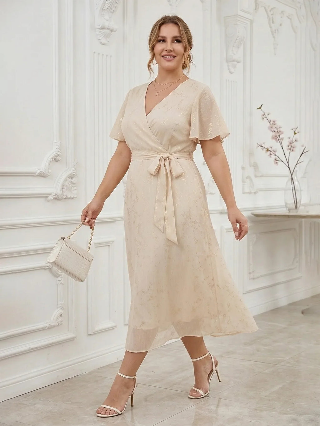 Larui Plus Size Elegant Gold-Stamped Chiffon Guest Dress