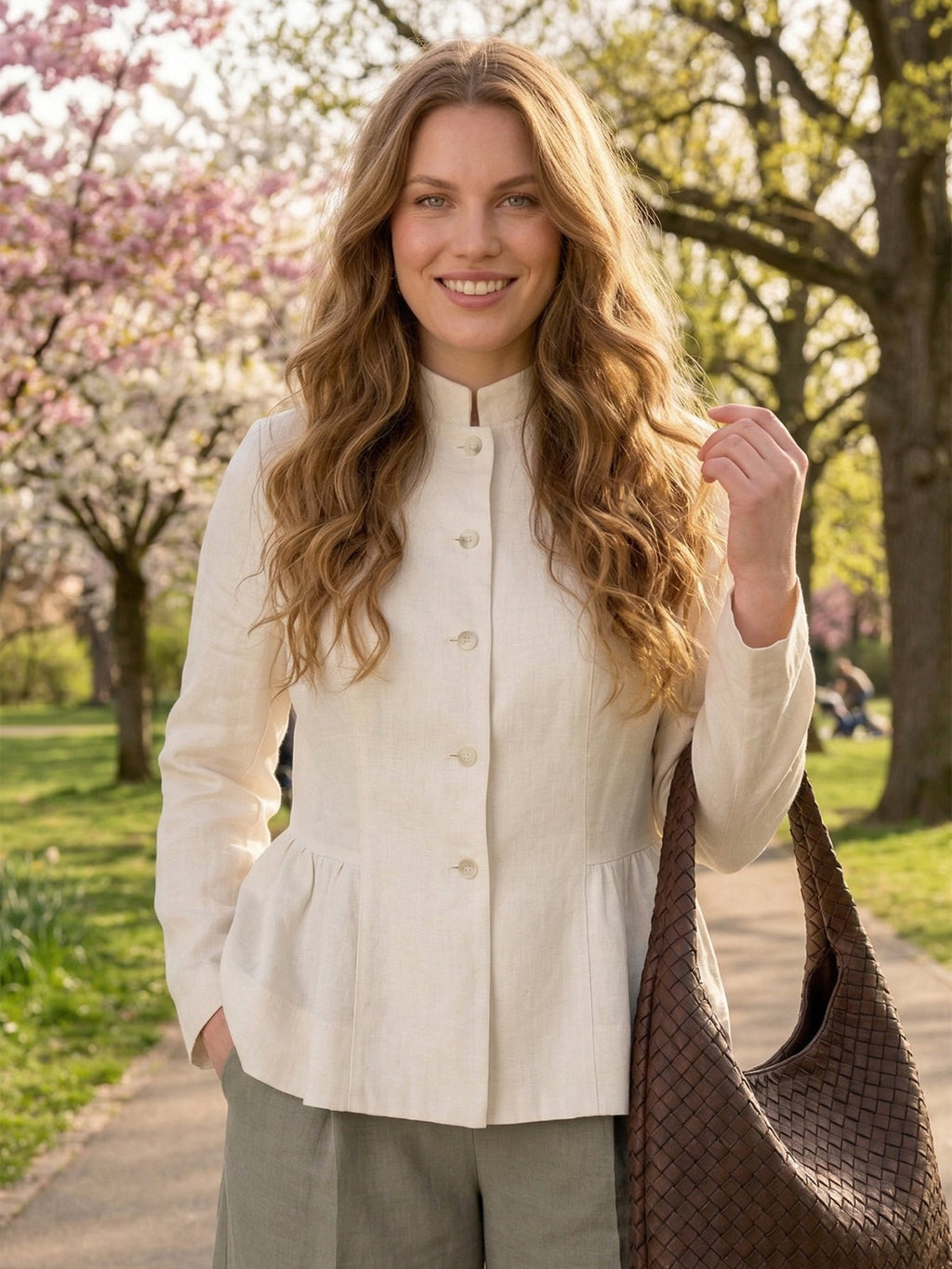 Larui Plus Size Women's Elegant Linen Coat With Ruffled Hem
