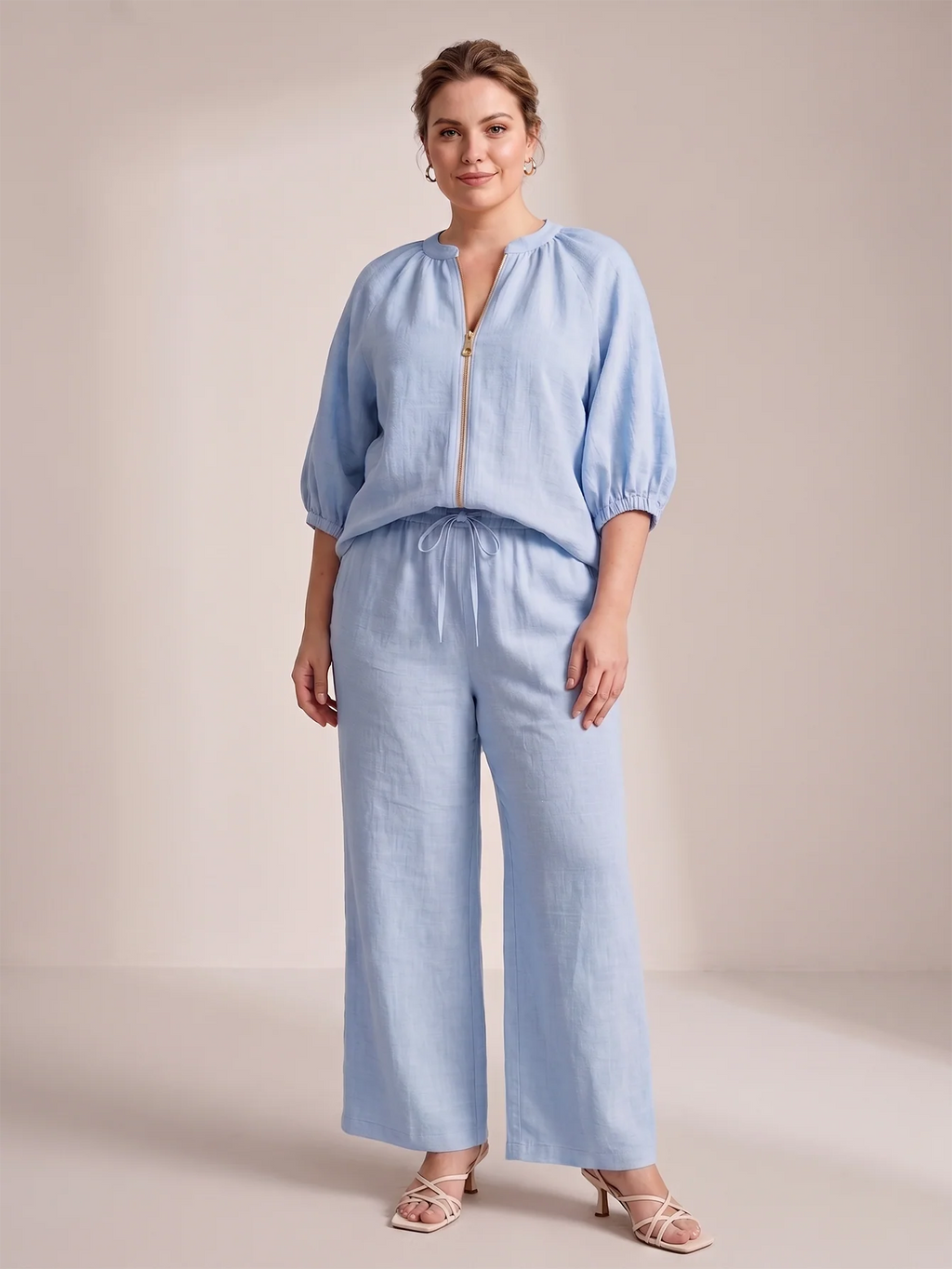 Larui Plus Size Women's Three-Quarter Sleeve Top and Pants Two-Piece Linen Set