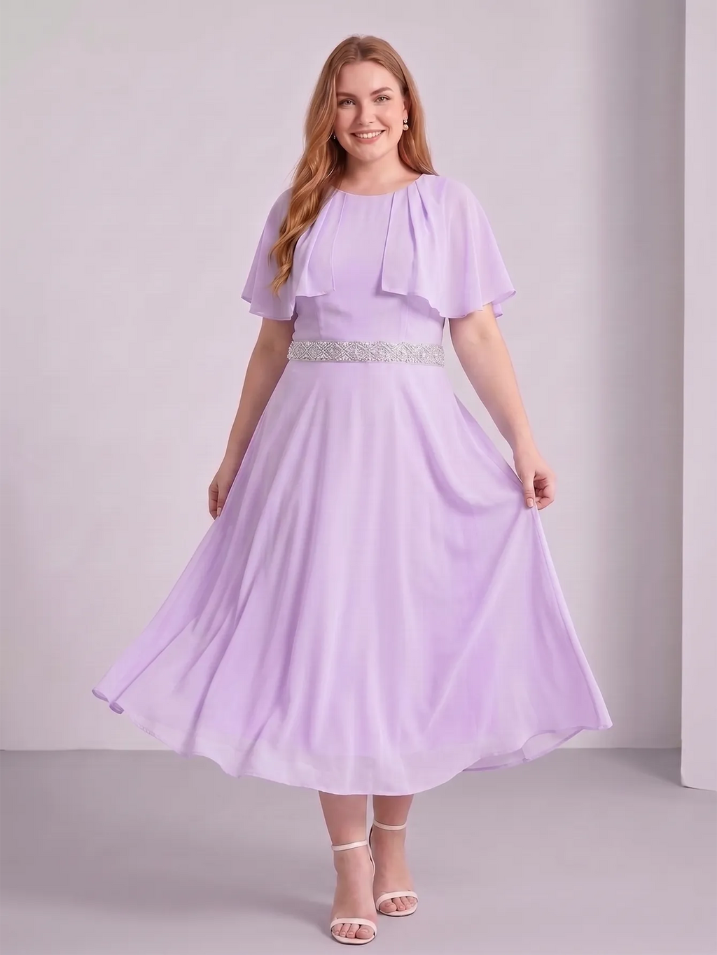 Larui Plus Size Women‘s Cape Sleeves Chiffon Midi Dress