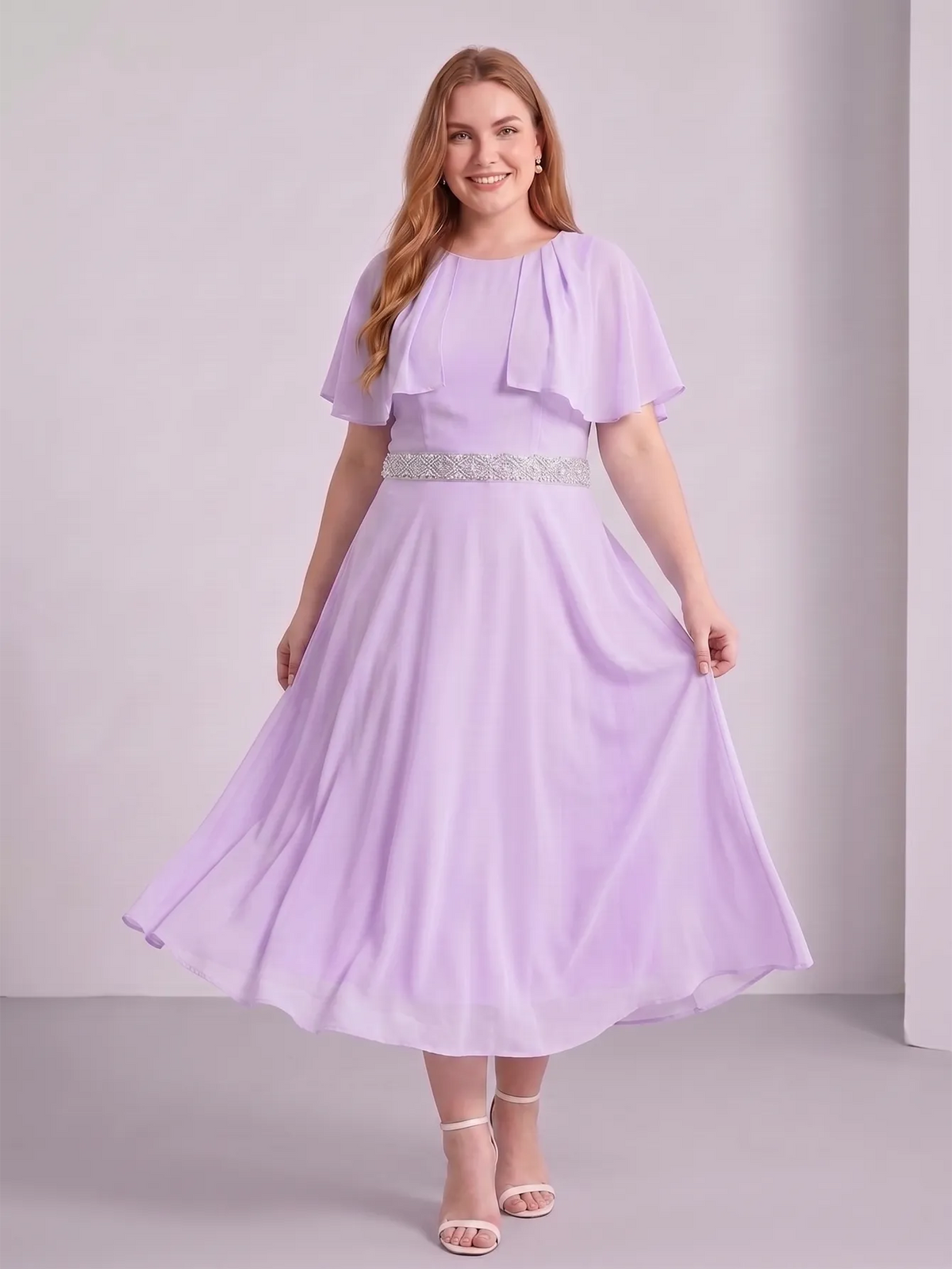 Larui Plus Size Women‘s Cape Sleeves Chiffon Midi Dress