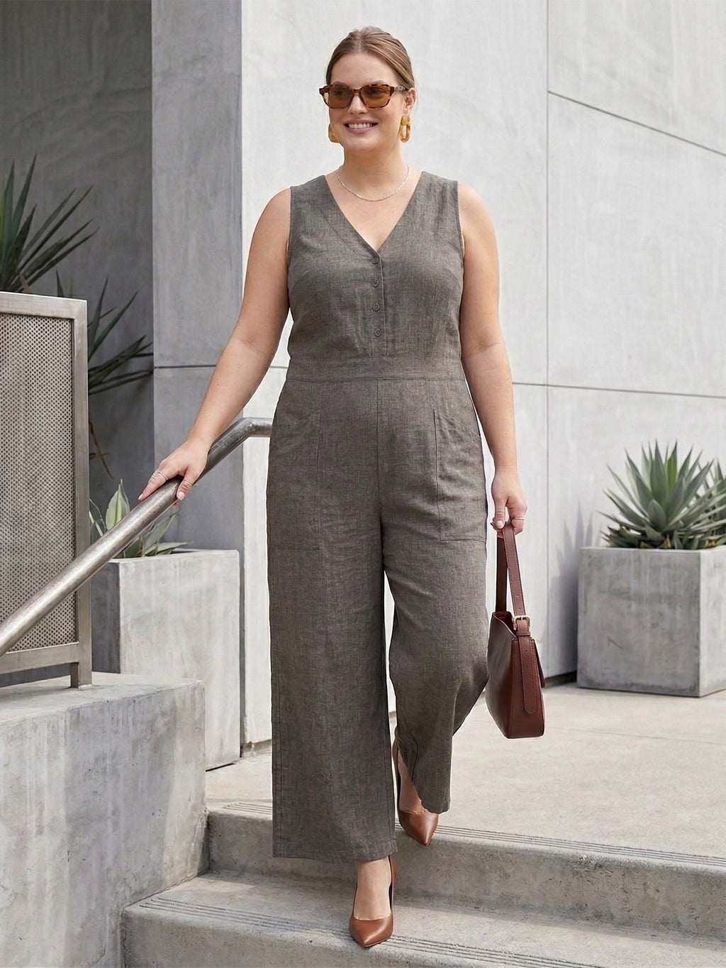 Plus Size Women's Elegant Pocket Linen Jumpsuit