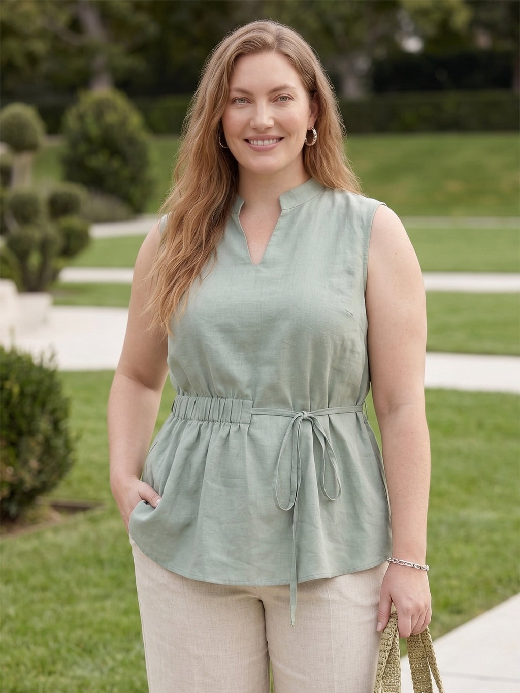 Larui Plus Size Women's Linen Elastic Waist Linen Top Vest