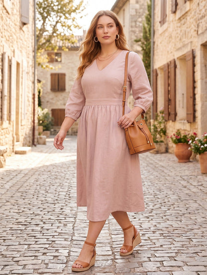 Larui Plus Size Women's Linen V-Neck Pocket Dress