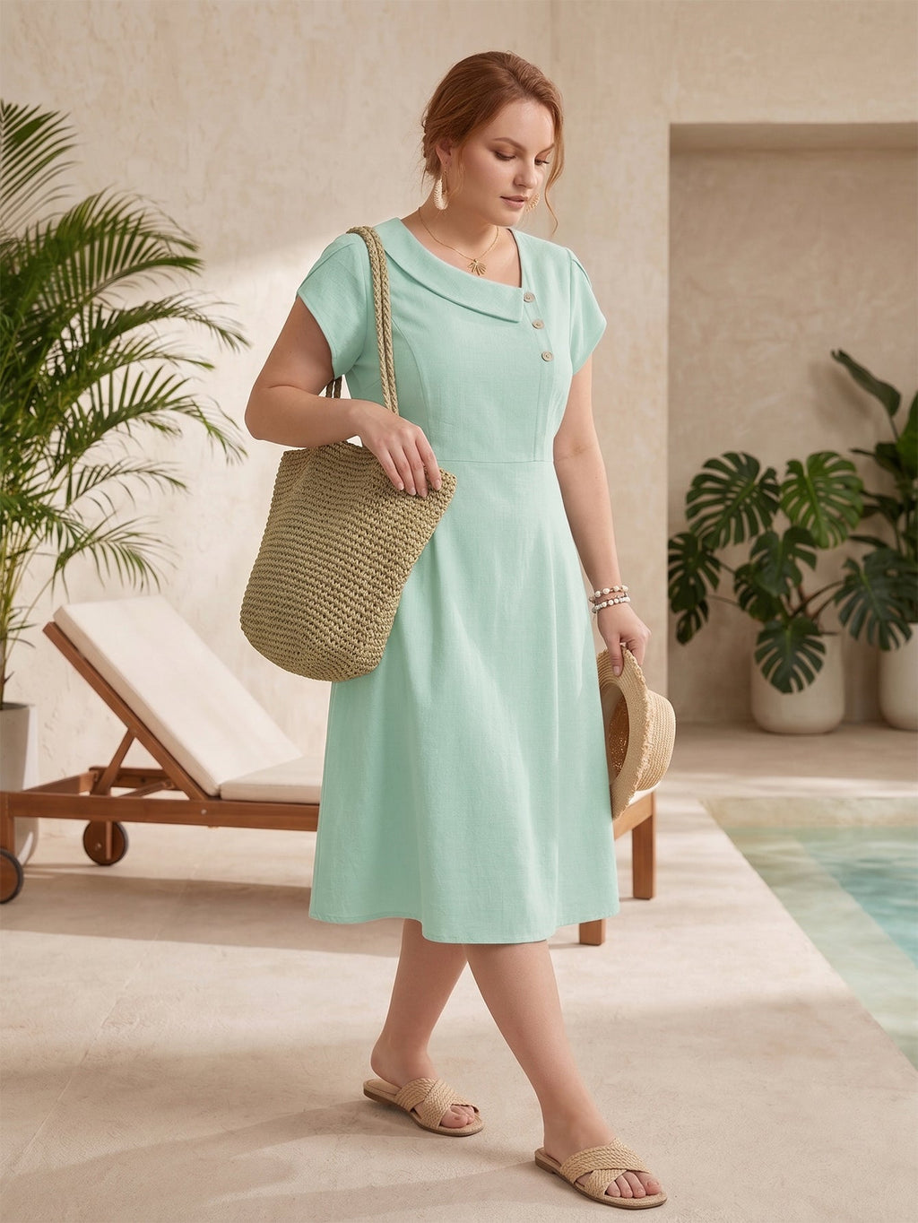 Larui Plus Size Women's Elegant Irregular Collar Linen Pocket Dress