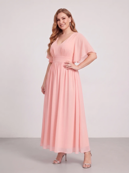 Larui Plus Size Women‘s V-Neck Chiffon Ruffles Sleeves Dress