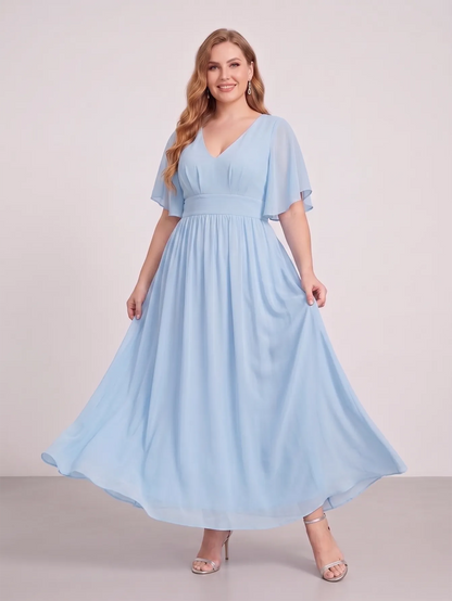Larui Plus Size Women‘s V-Neck Chiffon Ruffles Sleeves Dress
