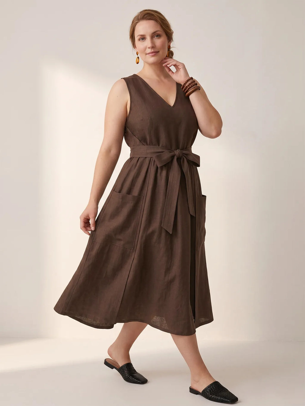 Larui Plus-Size Women's Reversible Open-Front Tie-Up Apron-Style Linen Dress