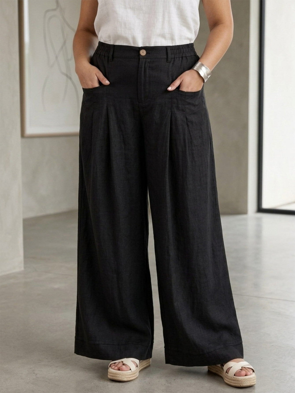 Larui Plus Size Women's Linen Pocket Full Length Pants