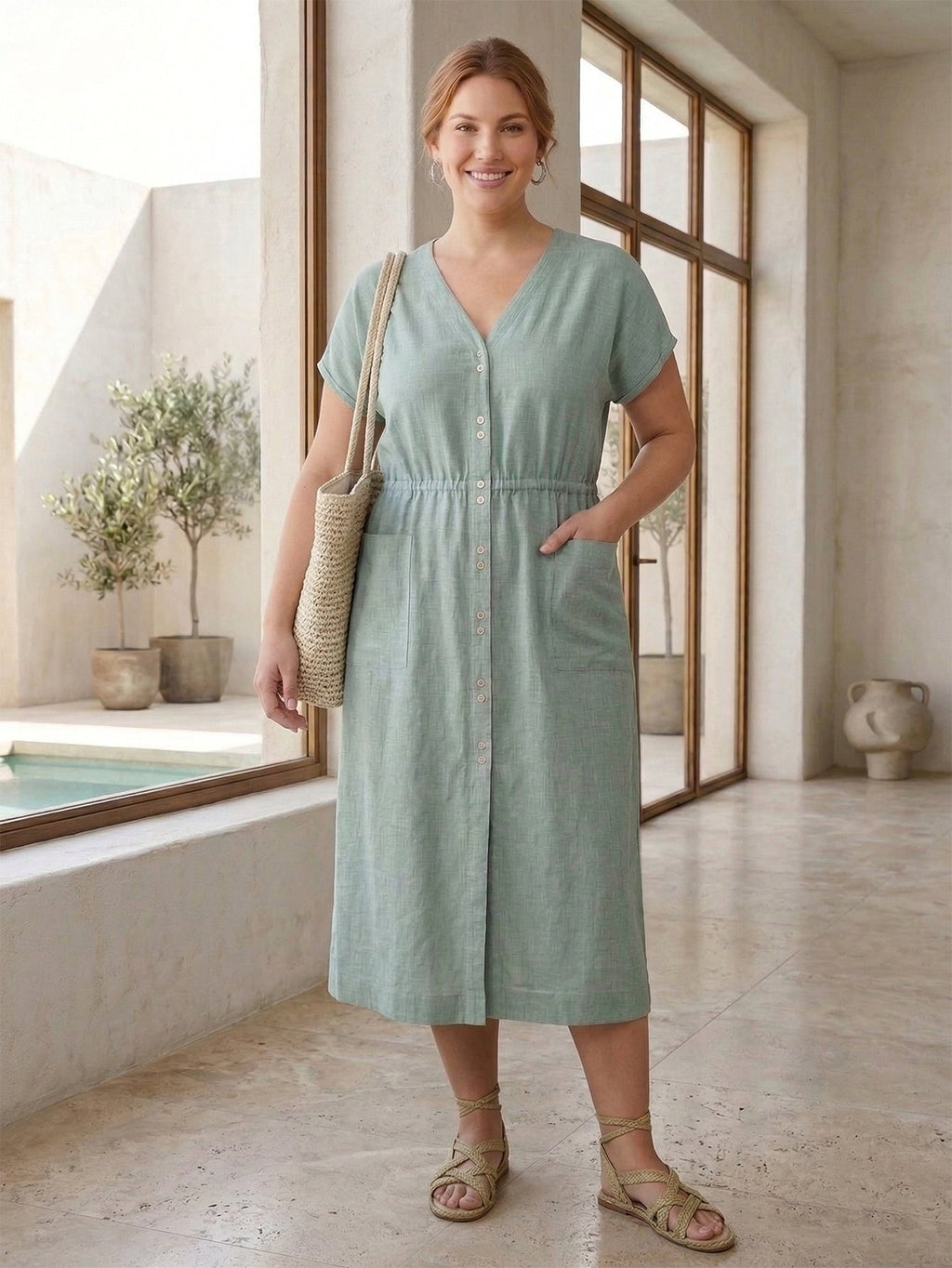 Larui Plus Size Women's Elegant Pocket Linen Dress