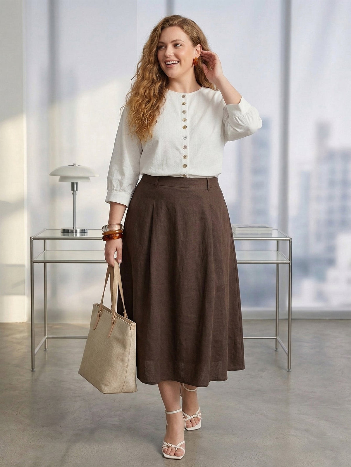 Larui Plus Size Women's Shell Button Linen Shirt
