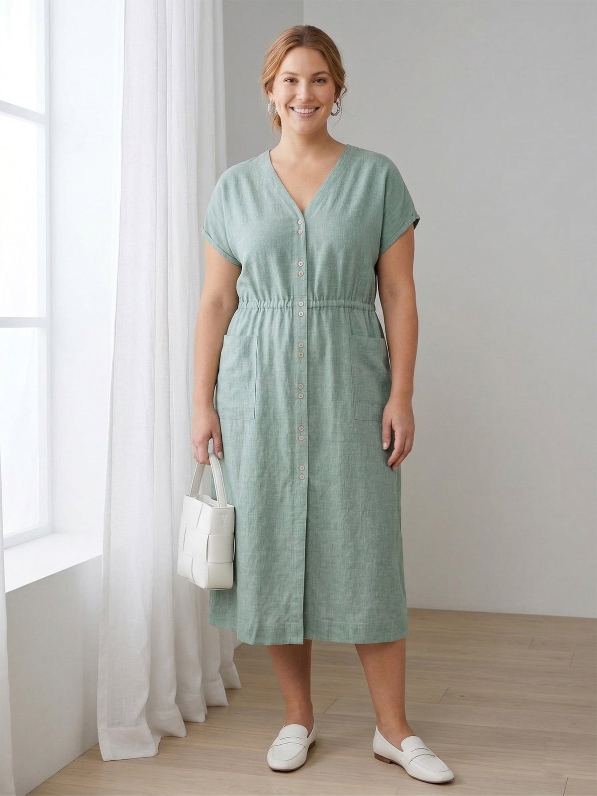 Larui Plus Size Women's Linen Elegant Pocket Linen Dress