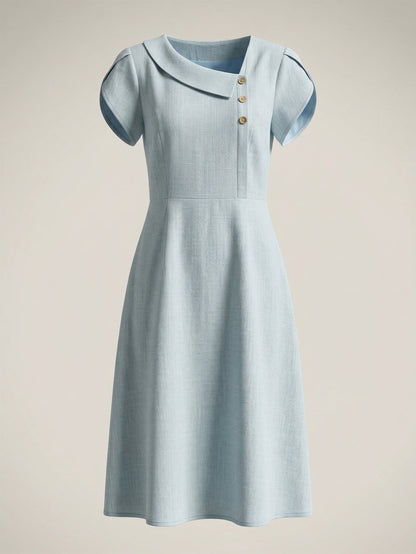 Larui Plus Size Women's Elegant Irregular Collar Linen Pocket Dress
