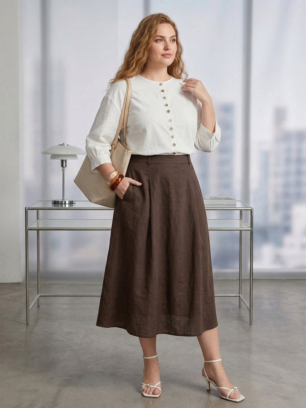 Larui Plus Size Women's Shell Button Linen Shirt