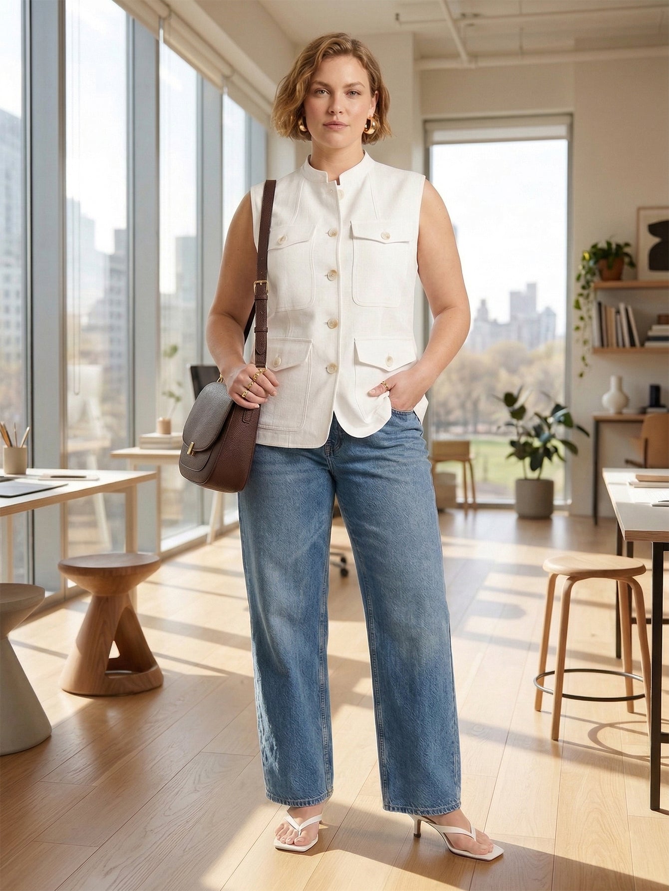 Larui Plus Size Women's Pocket Linen Vest