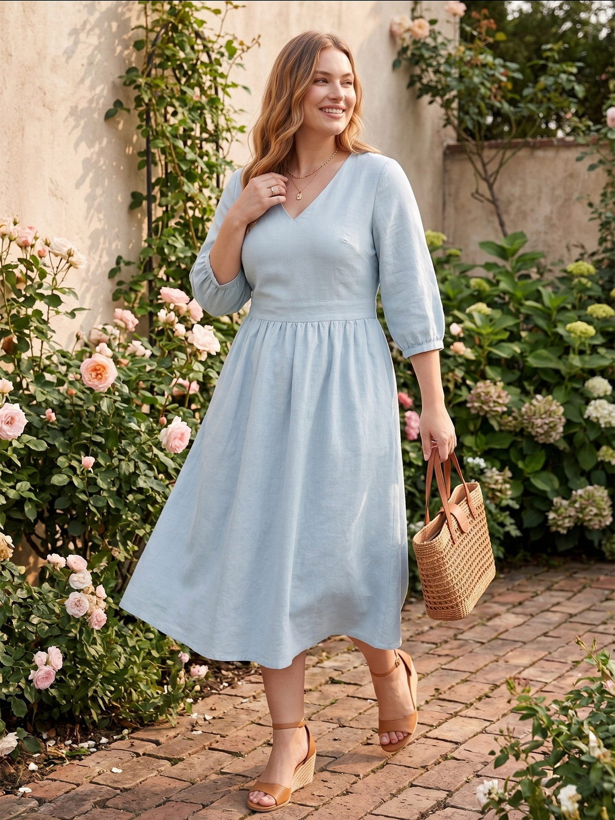 Larui Plus Size Women's Linen V-Neck Pocket Dress
