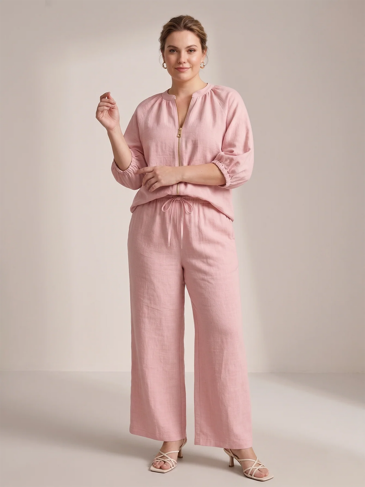 Larui Plus Size Women's Three-Quarter Sleeve Top and Pants Two-Piece Linen Set