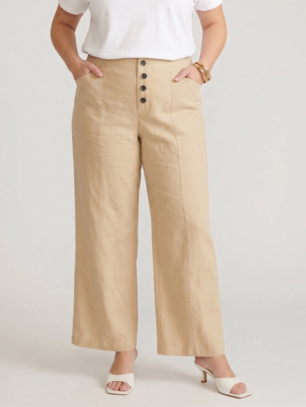 Larui Plus Size Women's ButtonDown Wide-Le-g Linen Pants