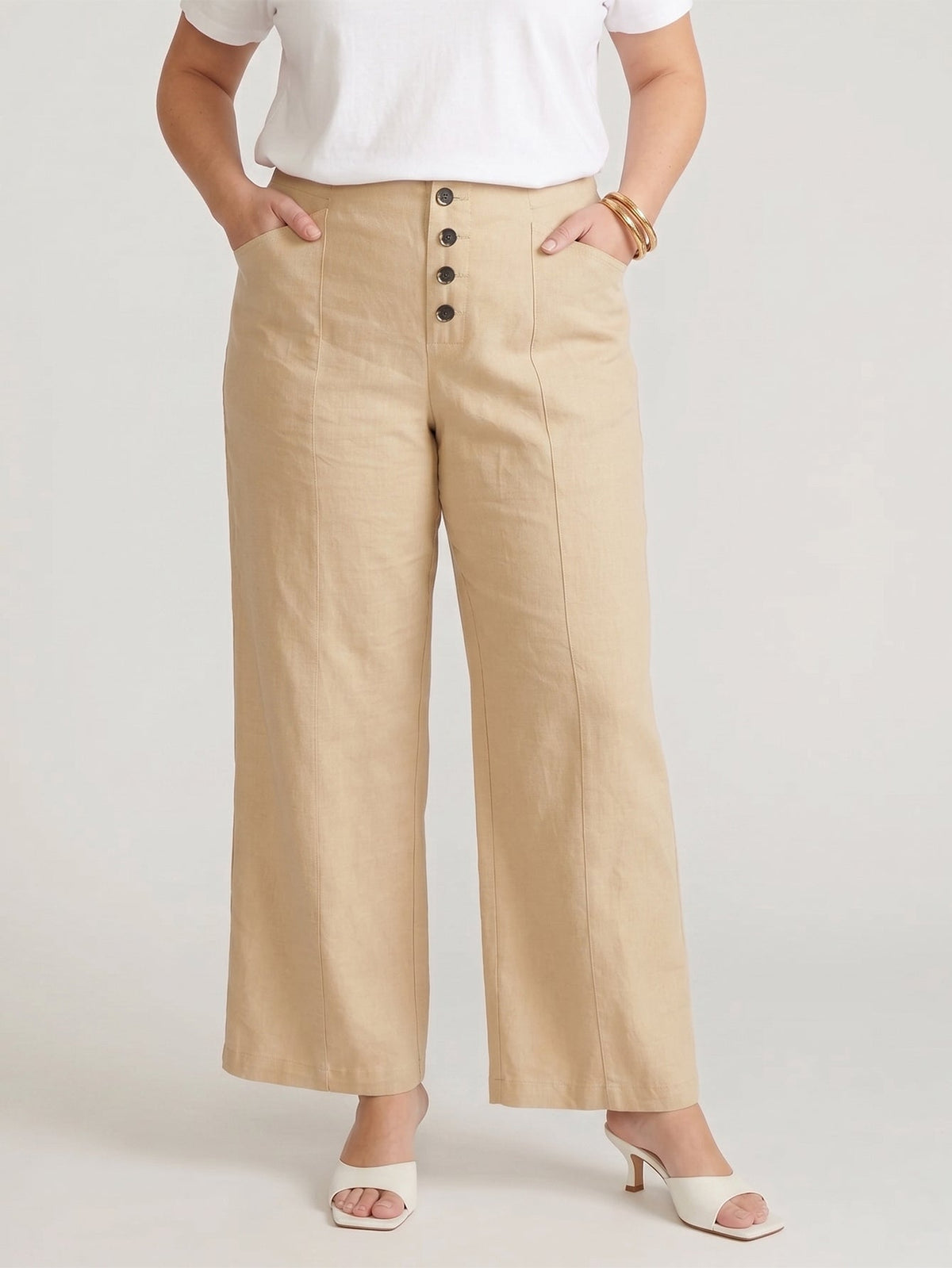 Larui Plus Size Women's ButtonDown Wide-Le-g Linen Pants