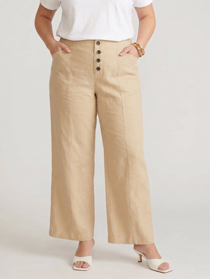 Larui Plus Size Women's Button-Down Wide-Leg Linen  Pants