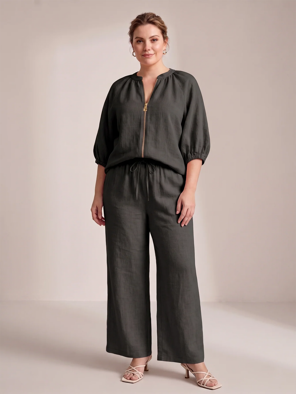 Larui Plus Size Women's Three-Quarter Sleeve Top and Pants Two-Piece Linen Set