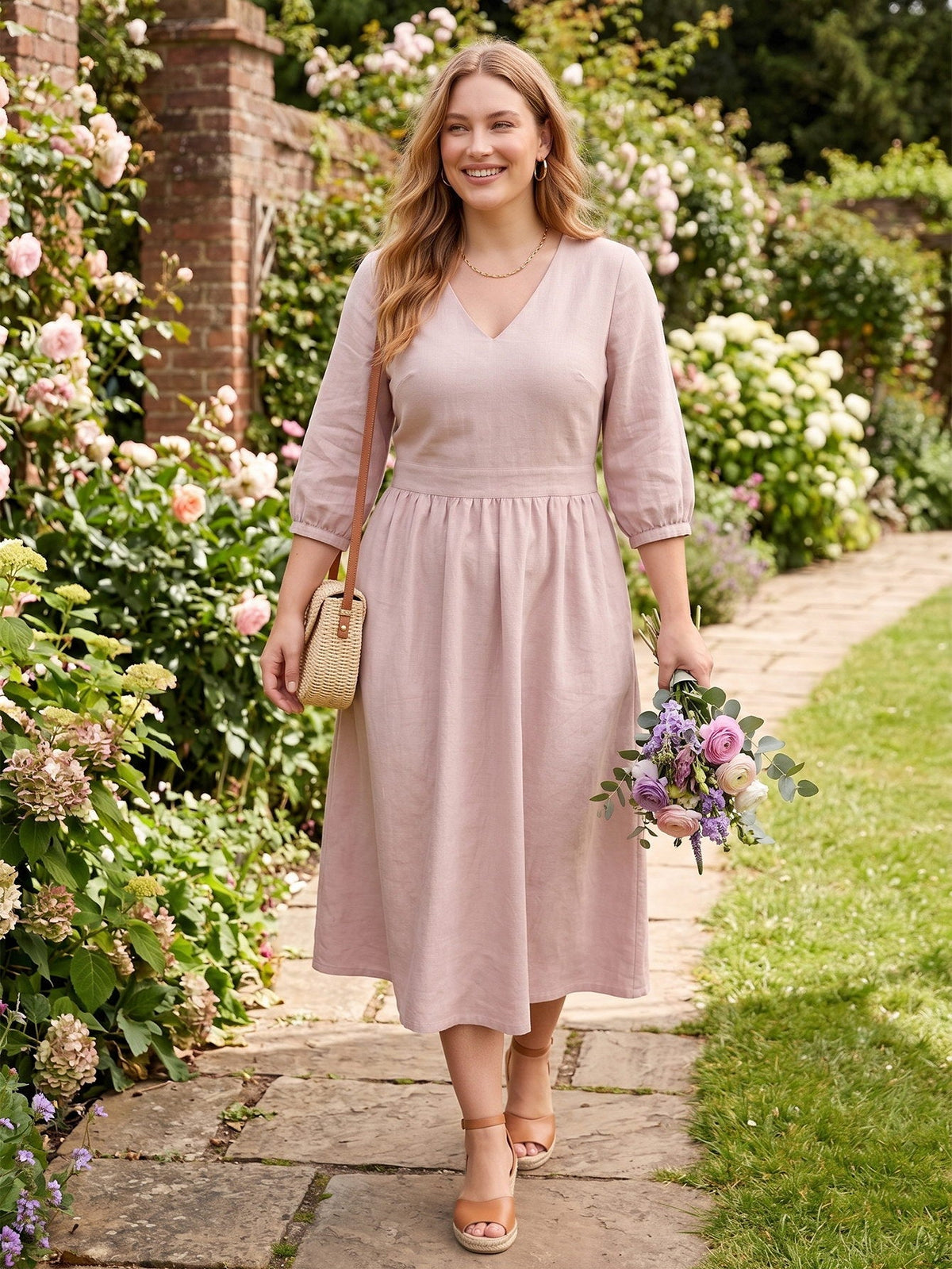 Larui Plus Size Women's Linen V-Neck Pocket Dress
