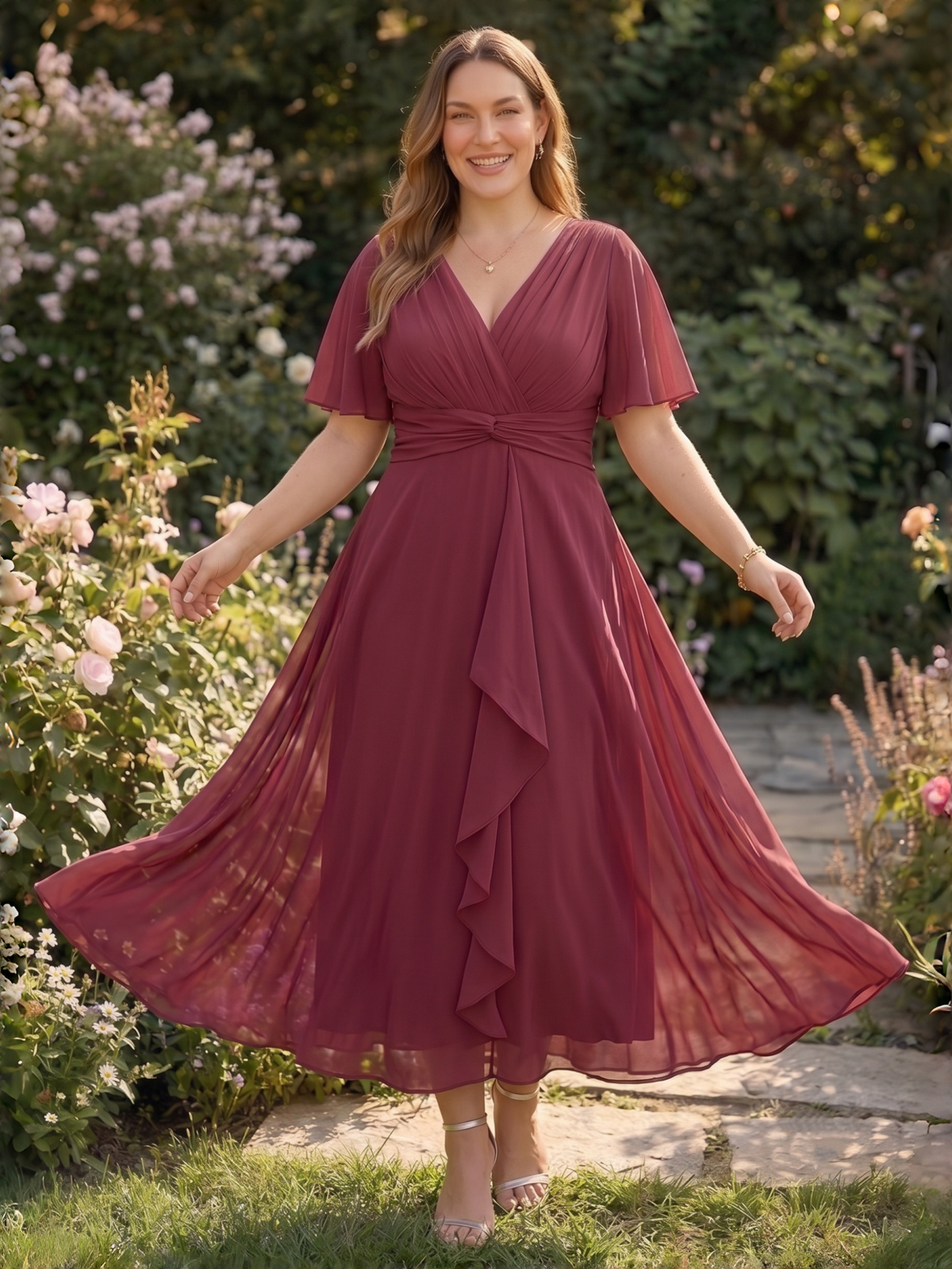 Larui Women's Plus-Size Chiffon Dress with V-Neck and Ruffled Hem