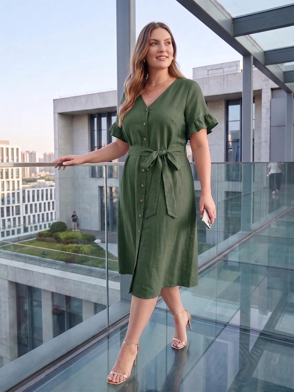 Larui Plus Size Women's Linen Short Sleeves Dress With Belted