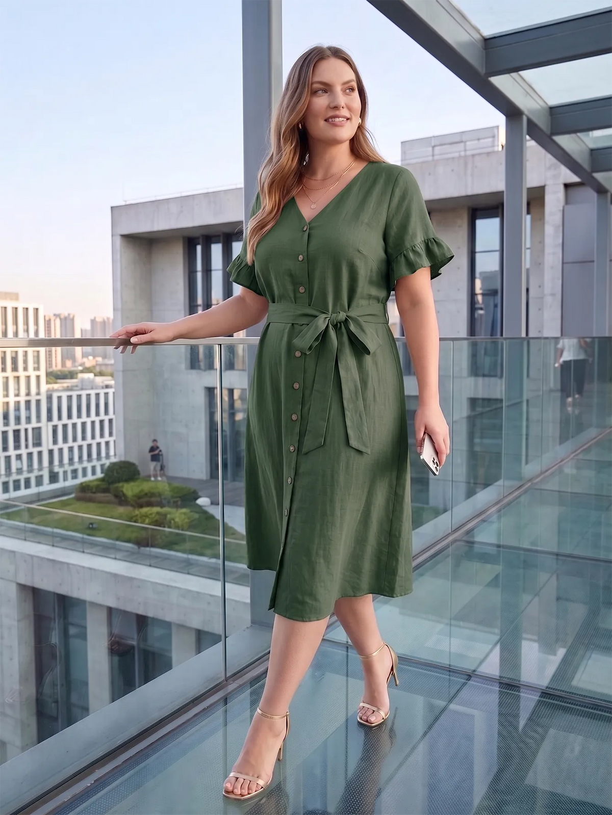 Larui Plus Size Women's Linen Short Sleeves Dress With Belted