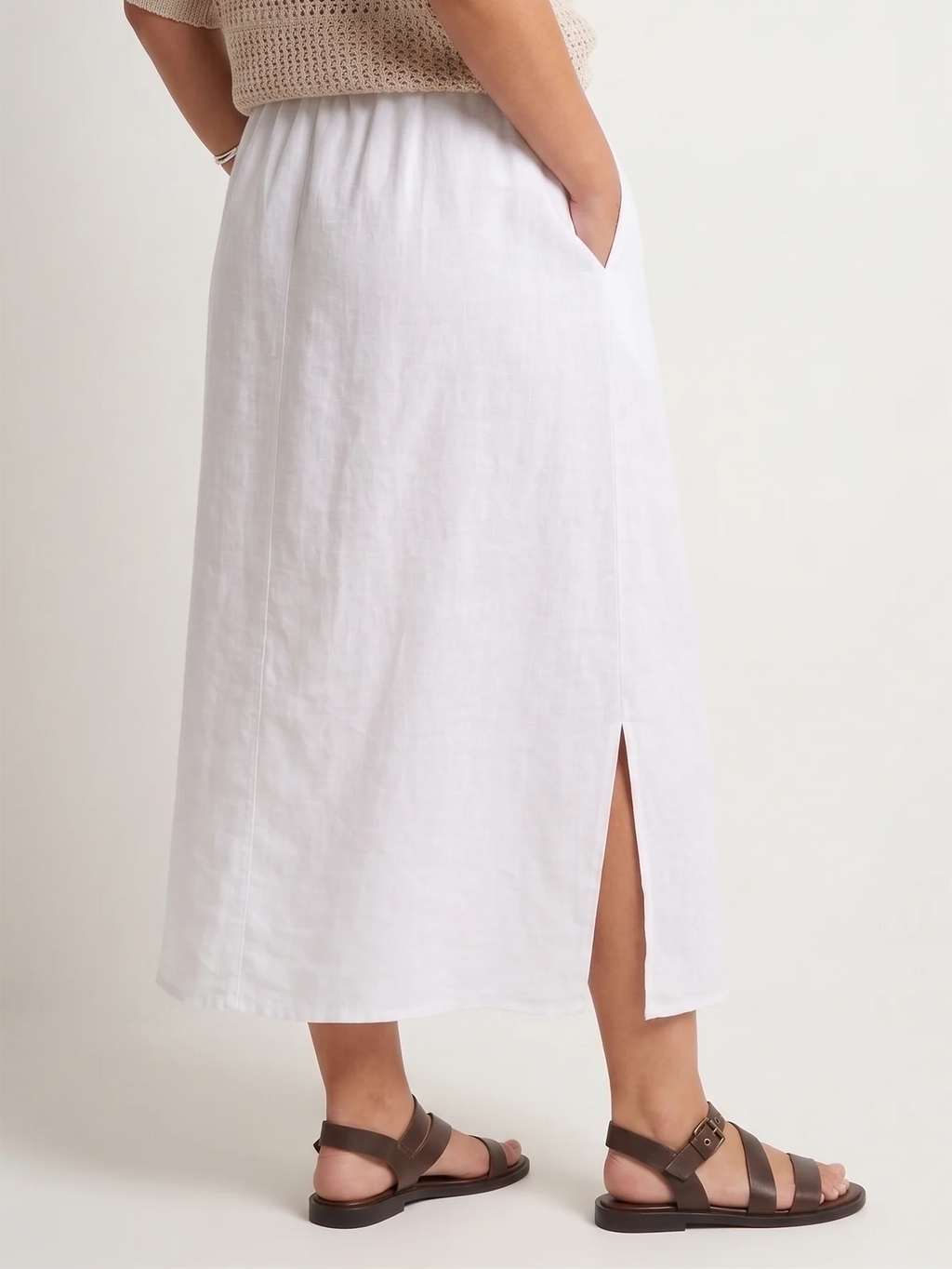 Plus Size Vacation Linen Midi Skirt With Side Slit