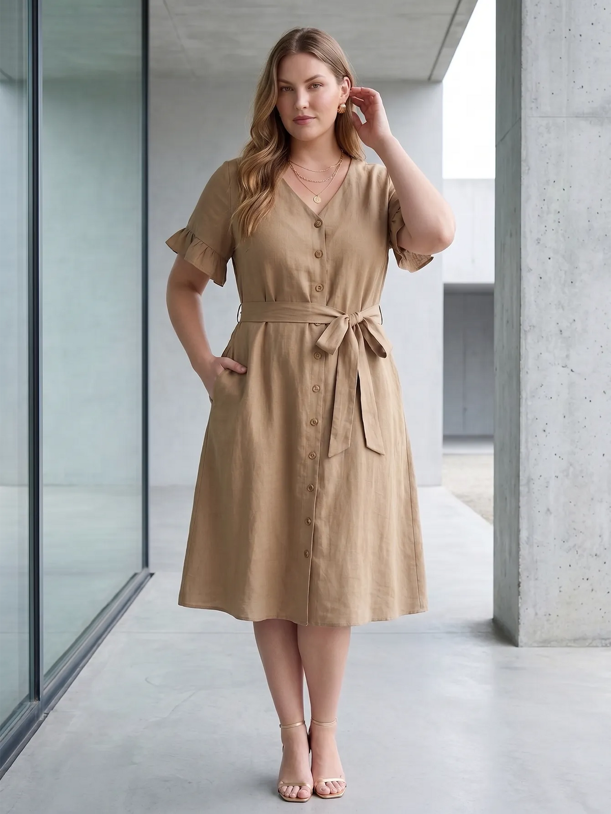 Larui Plus Size Women's Linen Short Sleeves Dress With Belted