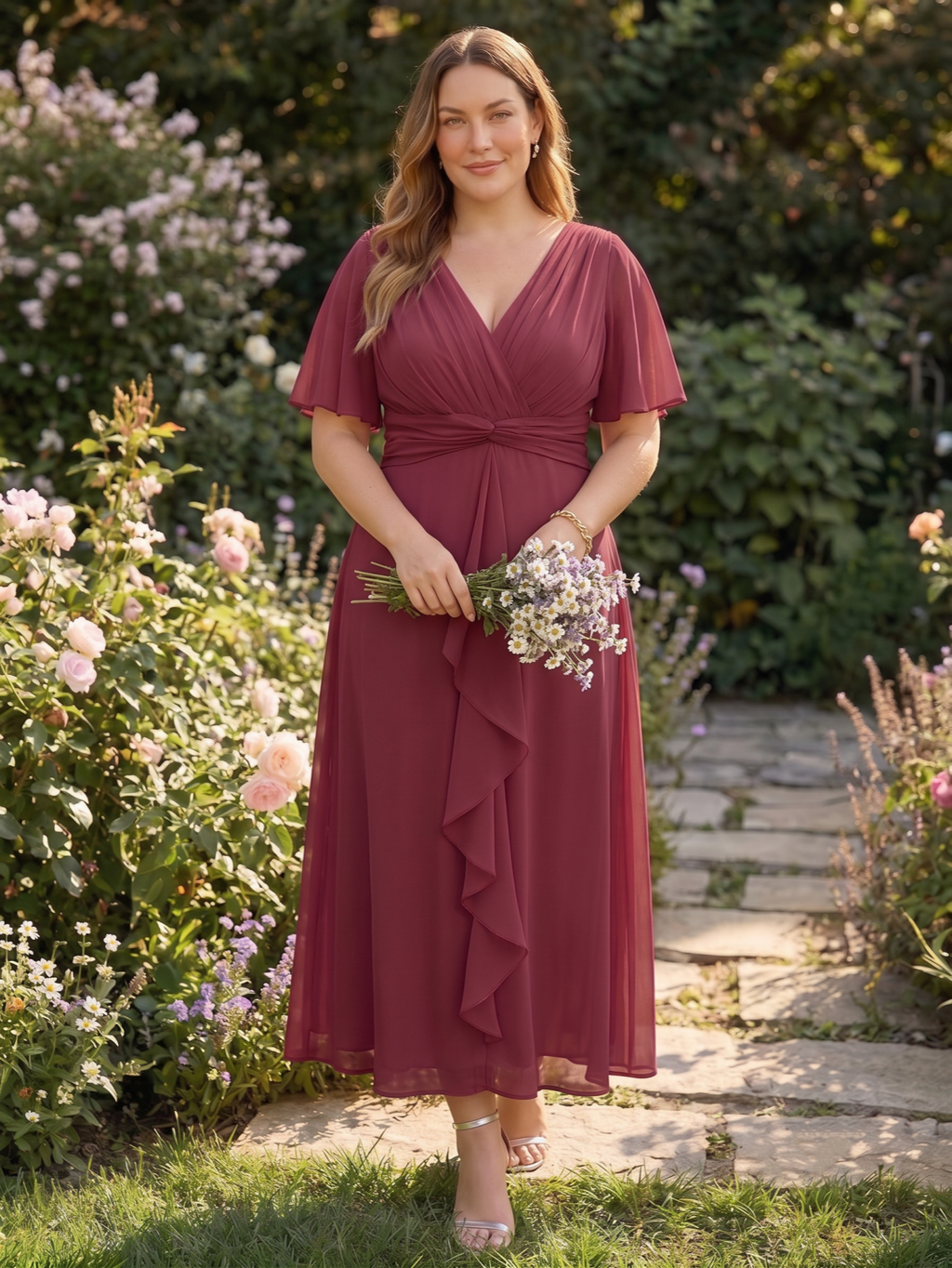 Larui Women's Plus-Size Chiffon Dress with V-Neck and Ruffled Hem