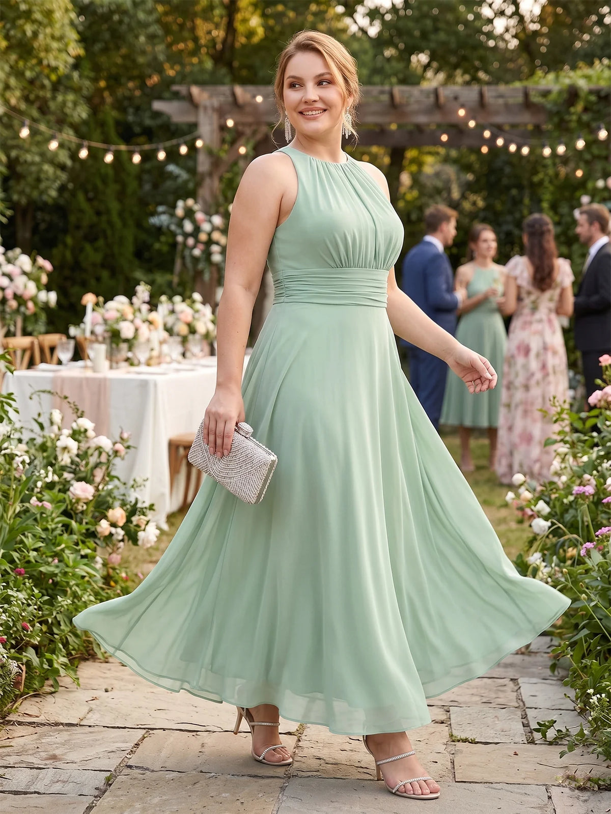 Larui Plus Size Elegant Pleated Chiffon Dress