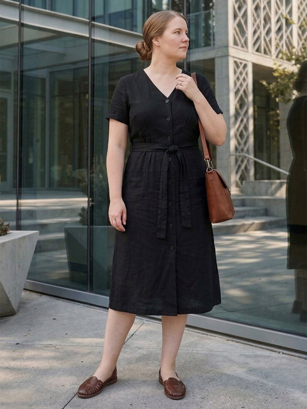 Larui Plus Size Women's Single-Breasted Linen Dress