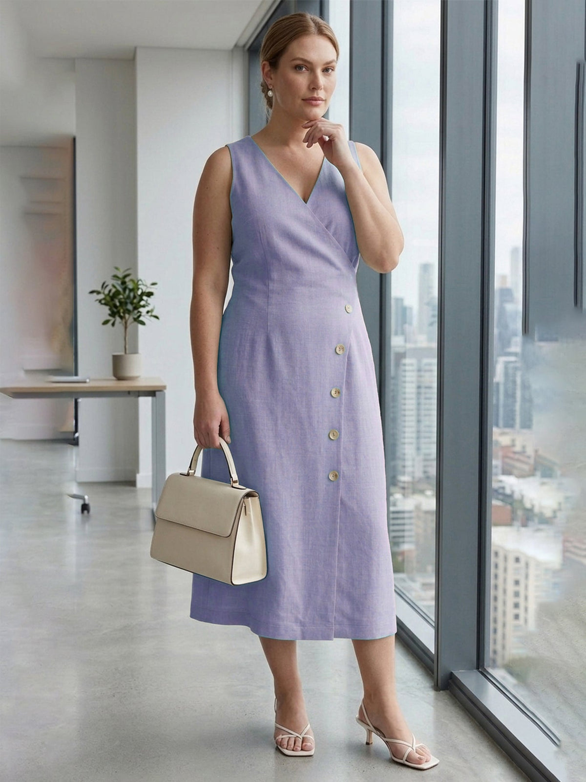 Larui Plus Size Elegant Button-Down Linen Dress