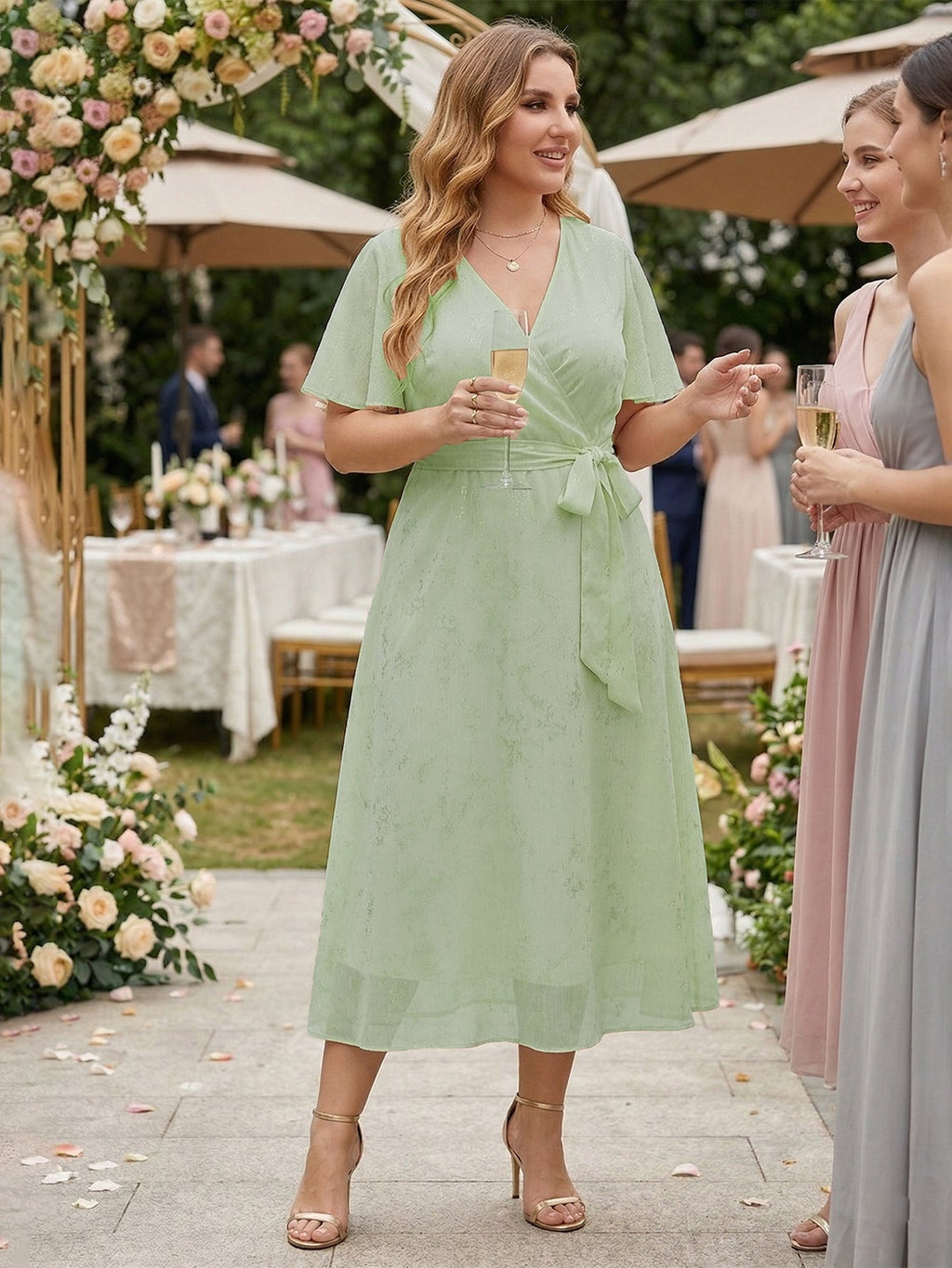 Larui Plus Size Elegant Gold-Stamped Chiffon Guest Dress
