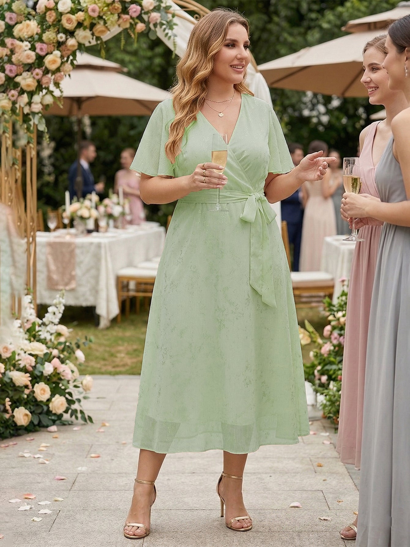 Larui Plus Size Elegant Gold-Stamped Chiffon Guest Dress