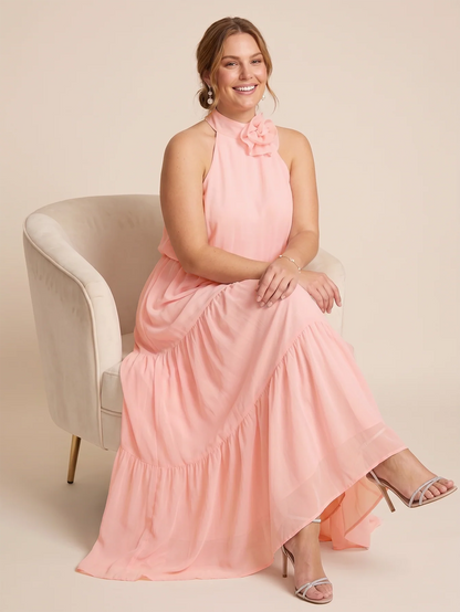 Larui Plus Size Wedding/Vacation A-Line Chiffon Dress With Floral Embellishments