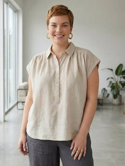 Larui Plus Size Women's Pleated Linen Shirt