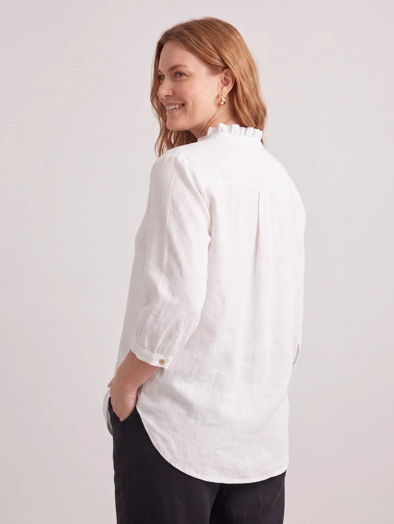 Larui Plus Size Women's Linen Ruffles 3/4 Sleeves Blouse