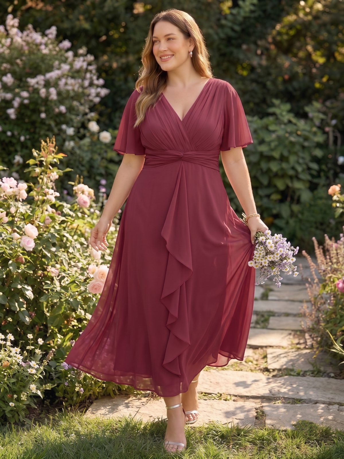 Larui Women's Plus-Size Chiffon Dress with V-Neck and Ruffled Hem
